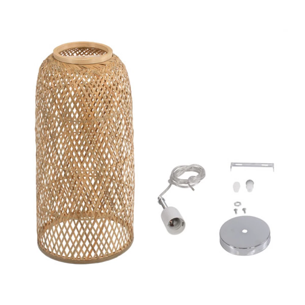 Μοντέρνο Κρεμαστό Φωτιστικό Οροφής Μονόφωτο 1 x E27 Μπεζ Μπαμπού Καμπάνα D25 x H50cm