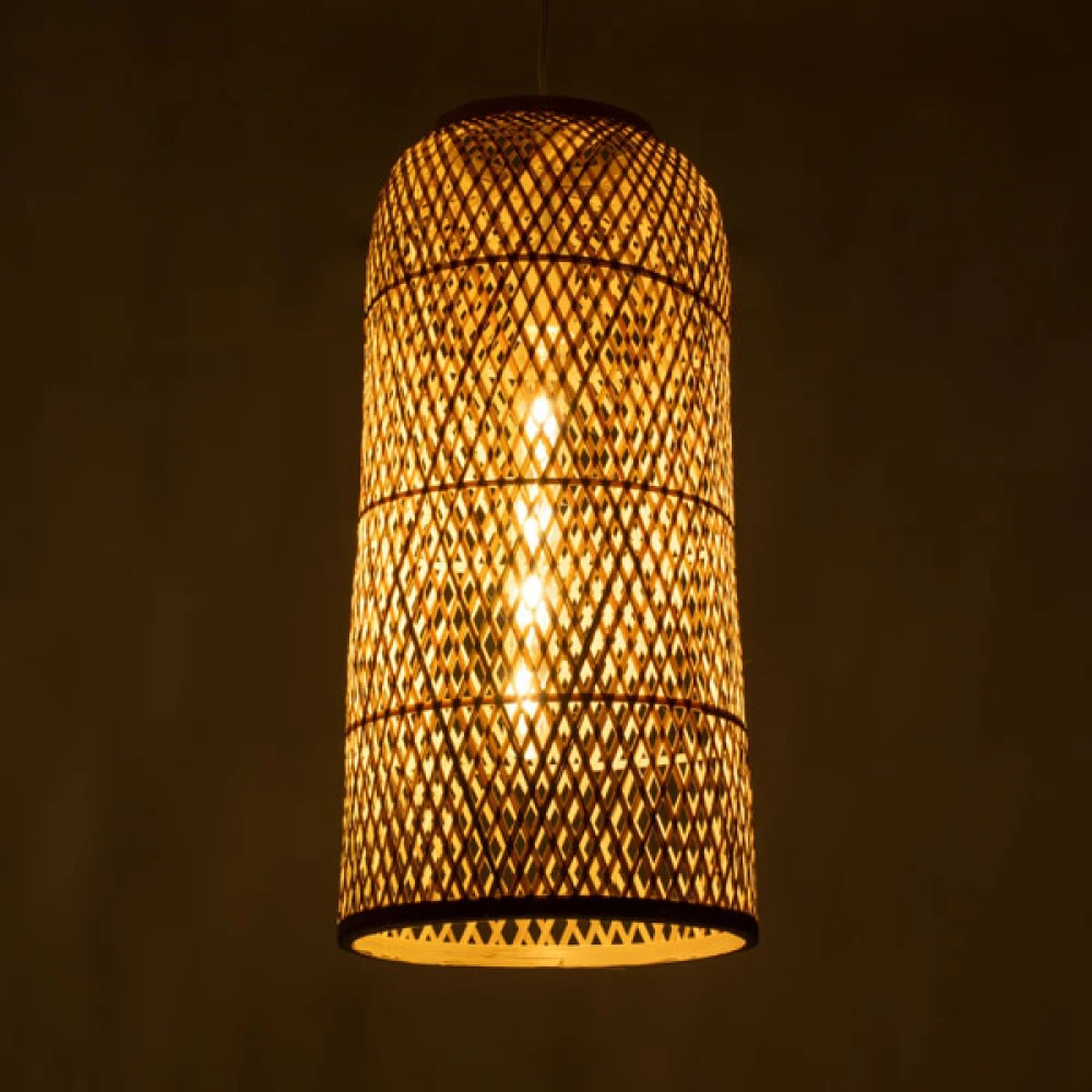 Μοντέρνο Κρεμαστό Φωτιστικό Οροφής Μονόφωτο 1 x E27 Μπεζ Μπαμπού Καμπάνα D25 x H50cm