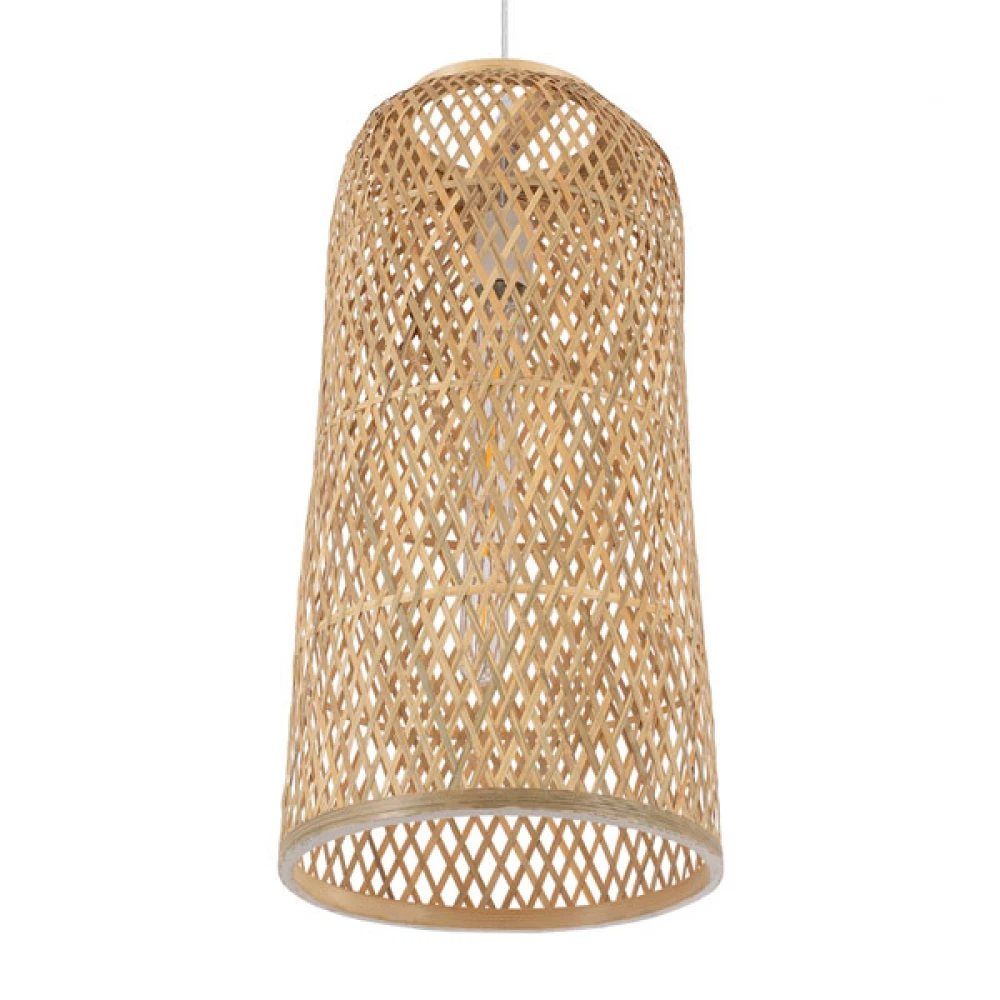 Μοντέρνο Κρεμαστό Φωτιστικό Οροφής Μονόφωτο 1 x E27 Μπεζ Μπαμπού Καμπάνα D25 x H50cm