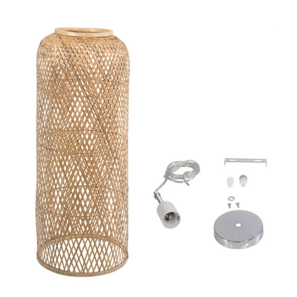 Μοντέρνο Κρεμαστό Φωτιστικό Οροφής Μονόφωτο 1 x E27 Μπεζ Μπαμπού Καμπάνα D30 x H70cm