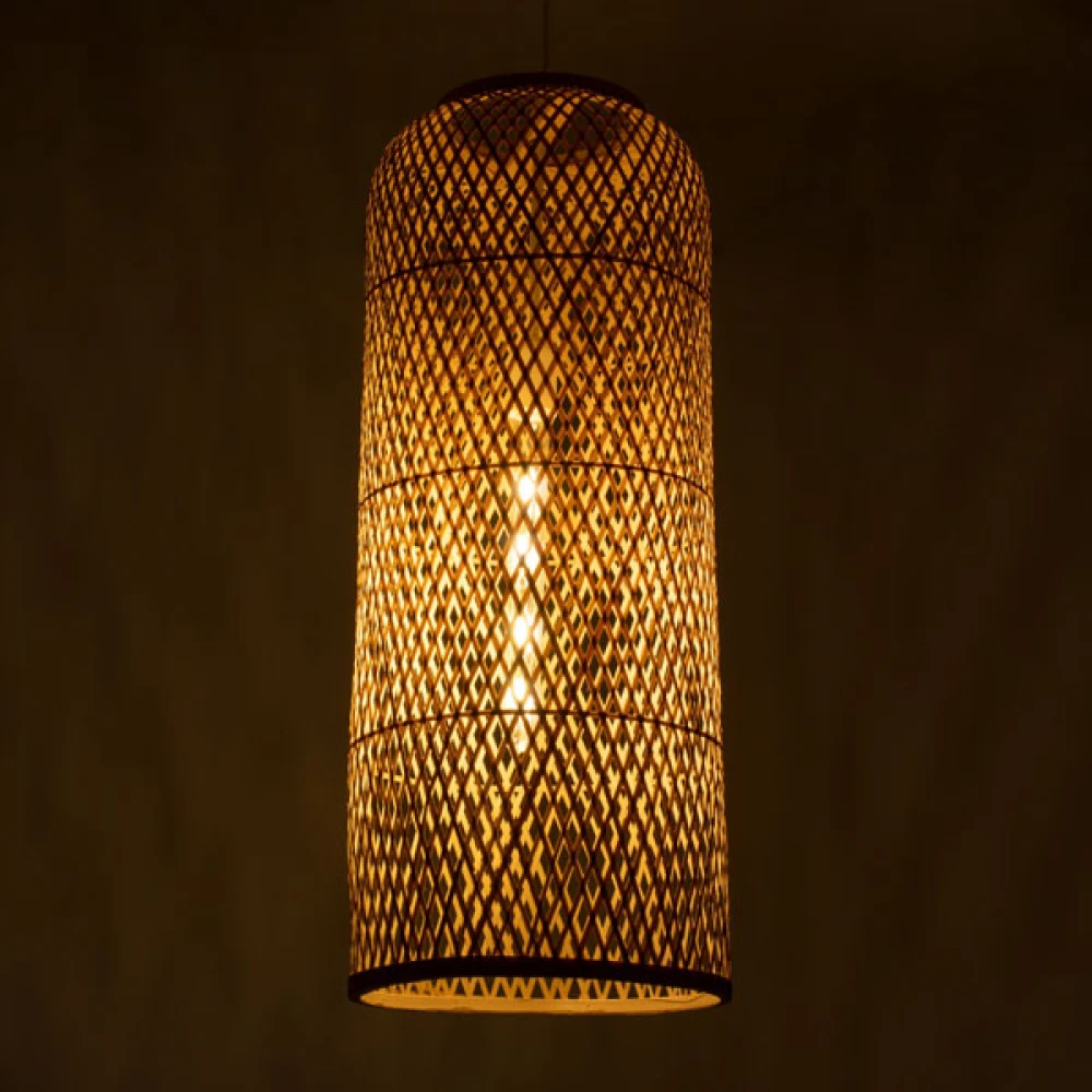 Μοντέρνο Κρεμαστό Φωτιστικό Οροφής Μονόφωτο 1 x E27 Μπεζ Μπαμπού Καμπάνα D30 x H70cm