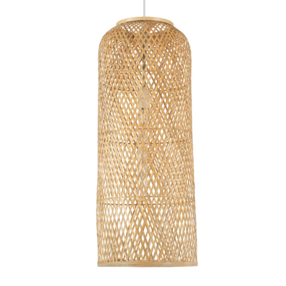 Μοντέρνο Κρεμαστό Φωτιστικό Οροφής Μονόφωτο 1 x E27 Μπεζ Μπαμπού Καμπάνα D30 x H70cm