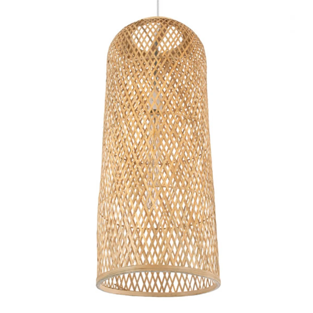 Μοντέρνο Κρεμαστό Φωτιστικό Οροφής Μονόφωτο 1 x E27 Μπεζ Μπαμπού Καμπάνα D30 x H70cm