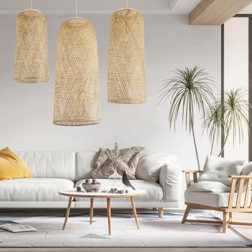 Μοντέρνο Κρεμαστό Φωτιστικό Οροφής Μονόφωτο 1 x E27 Μπεζ Μπαμπού Καμπάνα D30 x H70cm