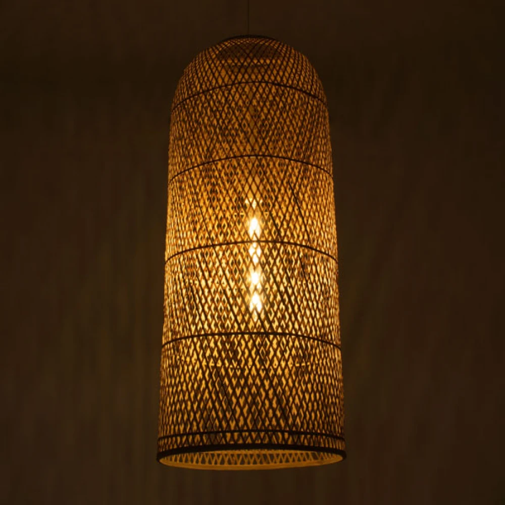 Μοντέρνο Κρεμαστό Φωτιστικό Οροφής Μονόφωτο 1 x E27 Μπεζ Μπαμπού Καμπάνα D40 x H90cm