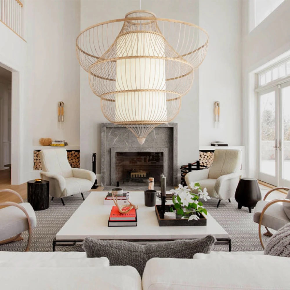 Μοντέρνο Κρεμαστό Φωτιστικό Οροφής Μονόφωτο 1 x E27 Μπεζ Ξύλινο Bamboo Πλέγμα Φ100 x Y100cm