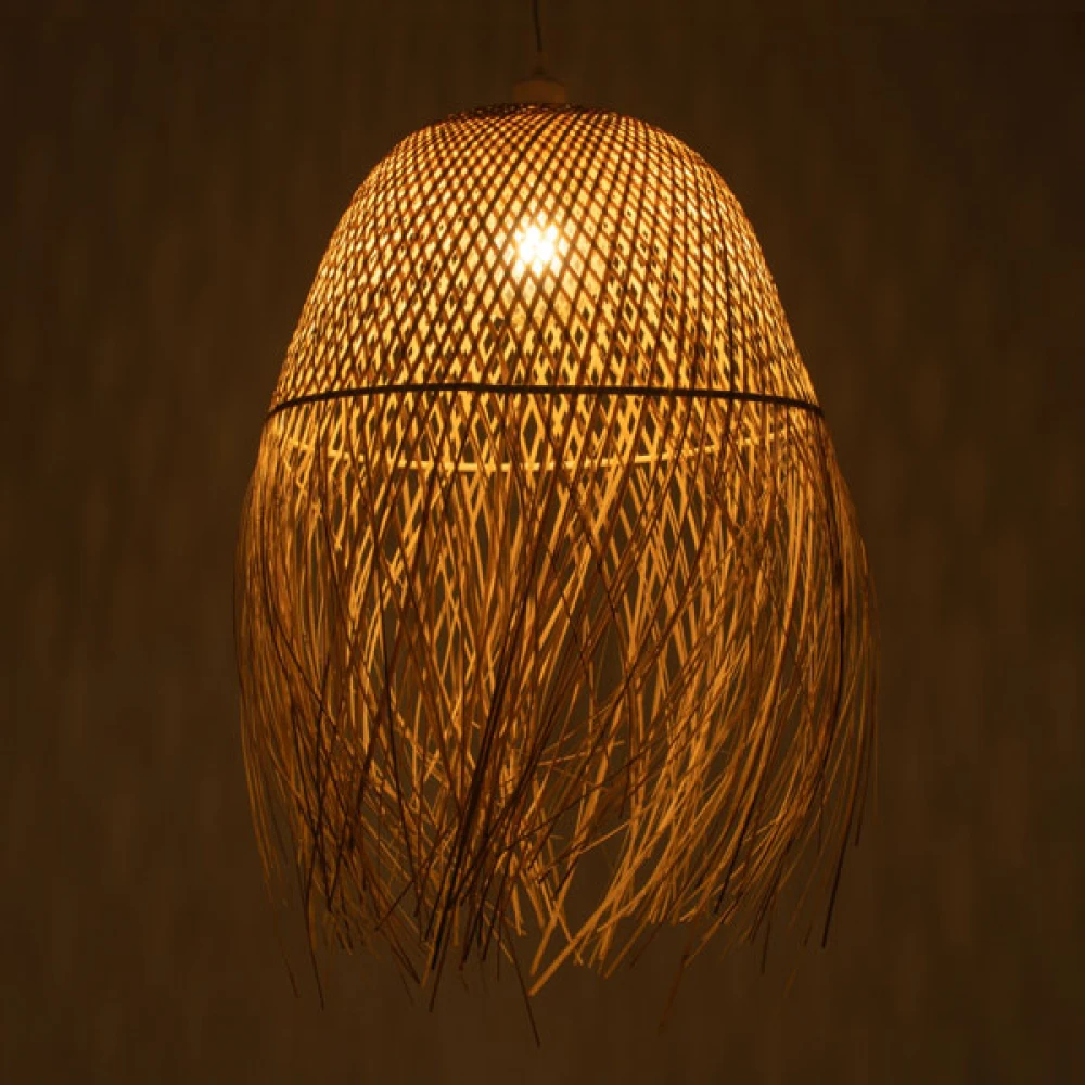 Μοντέρνο Κρεμαστό Φωτιστικό Οροφής Μονόφωτο 1 x E27 Μπεζ Μπαμπού Καμπάνα D45 x H60cm