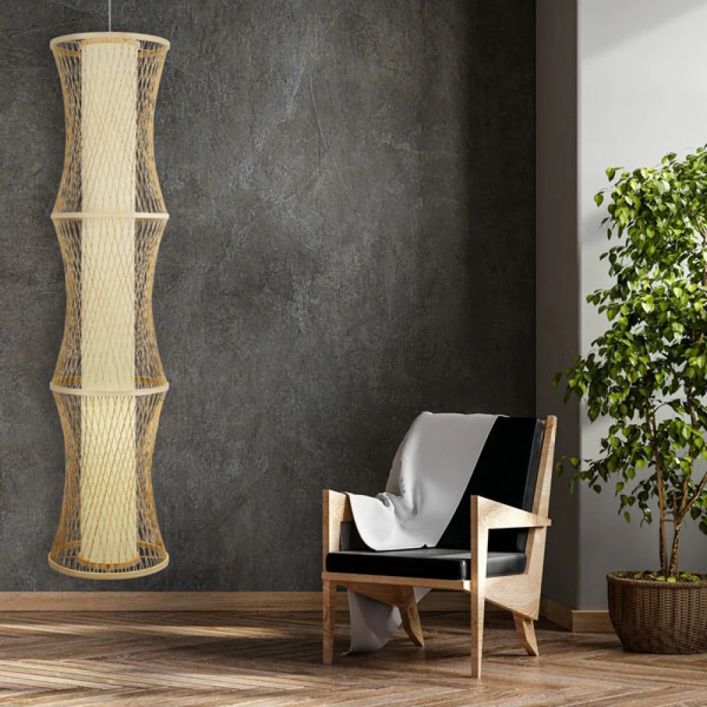 Μοντέρνο Κρεμαστό Φωτιστικό Οροφής Μονόφωτο 1 x E27 Μπεζ Μπαμπού Πλέγμα D35 x H150cm