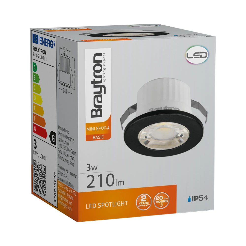 Χωνευτό MINISPOT Μαύρο 3W IP54 38D 6500K - Braytron
