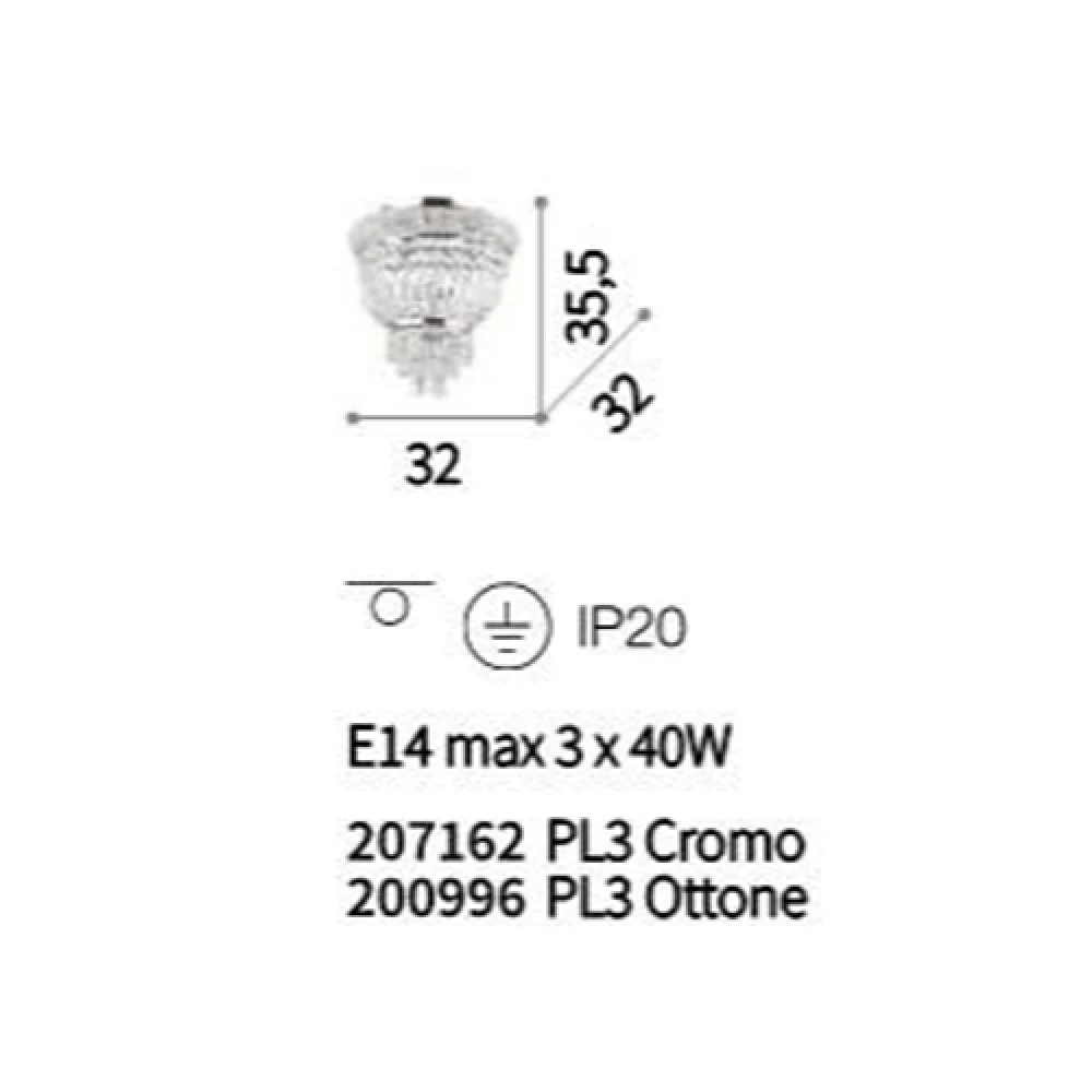 Πλαφονιέρα Κρυστάλλινη Σε Ορείχαλκο Ø32cm 3 x E14 40W DUBAI PL3 IDEAL LUX