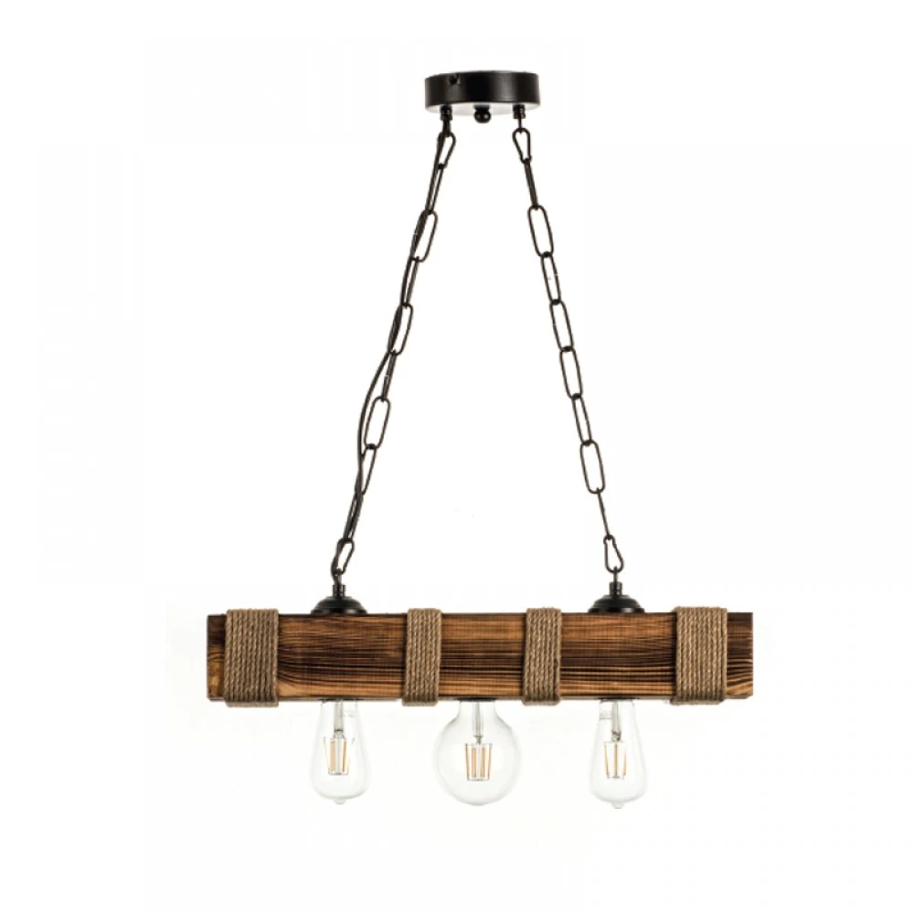 Κρεμαστό Φωτιστικό Από Ξύλο Και Σχοινί 3xE27 - InLight