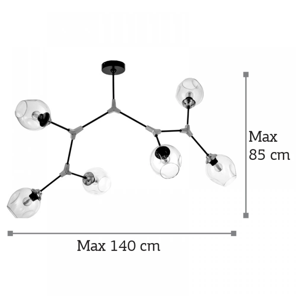 Κρεμαστό Φωτιστικό Από Μαύρο Μέταλλο και Διάφανο Γυαλί 6X E27 - InLight