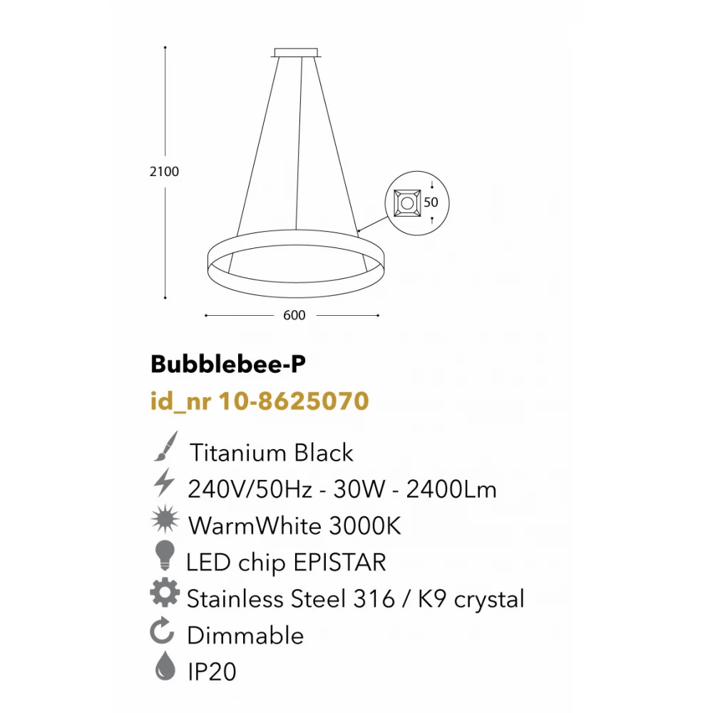 Led Κρεμαστό Φωτιστικό Μεταλλικό Μαύρο Με Κρύσταλλα 30W Dimmable Bubblebee-P LUCIDO