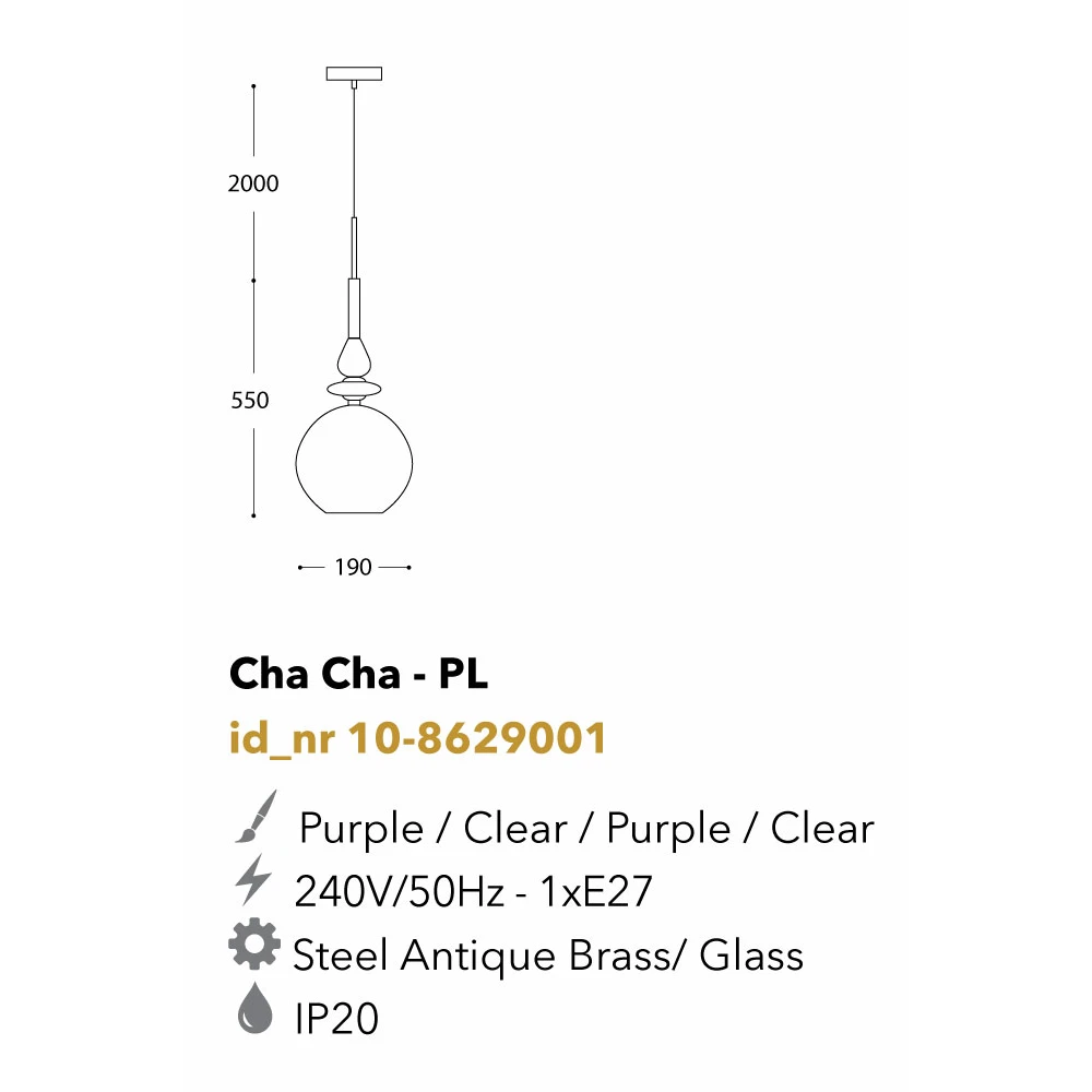 Κρεμαστό Φωτιστικό Μονόφωτο Από Γυαλί Μωβ 1xE27 Cha Cha - PL LUCIDO