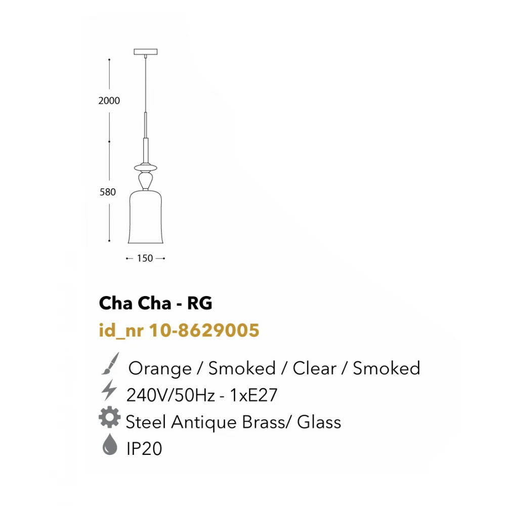 Κρεμαστό Φωτιστικό Μονόφωτο Από Γυαλί Πορτοκαλί 1xE27 Cha Cha - RG LUCIDO