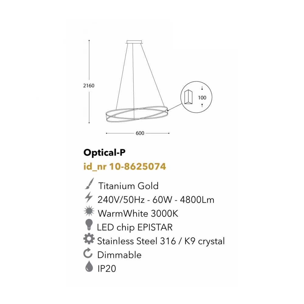 Led Κρεμαστό Φωτιστικό Μεταλλικό Με Κρύσταλλο 60W Dimmable Optical-P - LUCIDO