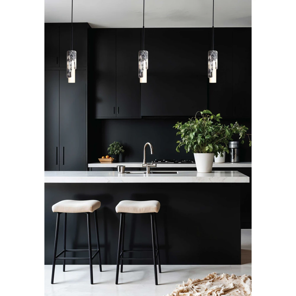 LED Κρεμαστό Μονόφωτο Φωτιστικό Από Μάρμαρο Σε Μαύρο - Λευκό Χρώμα 10W Sunday-BW - LUCIDO