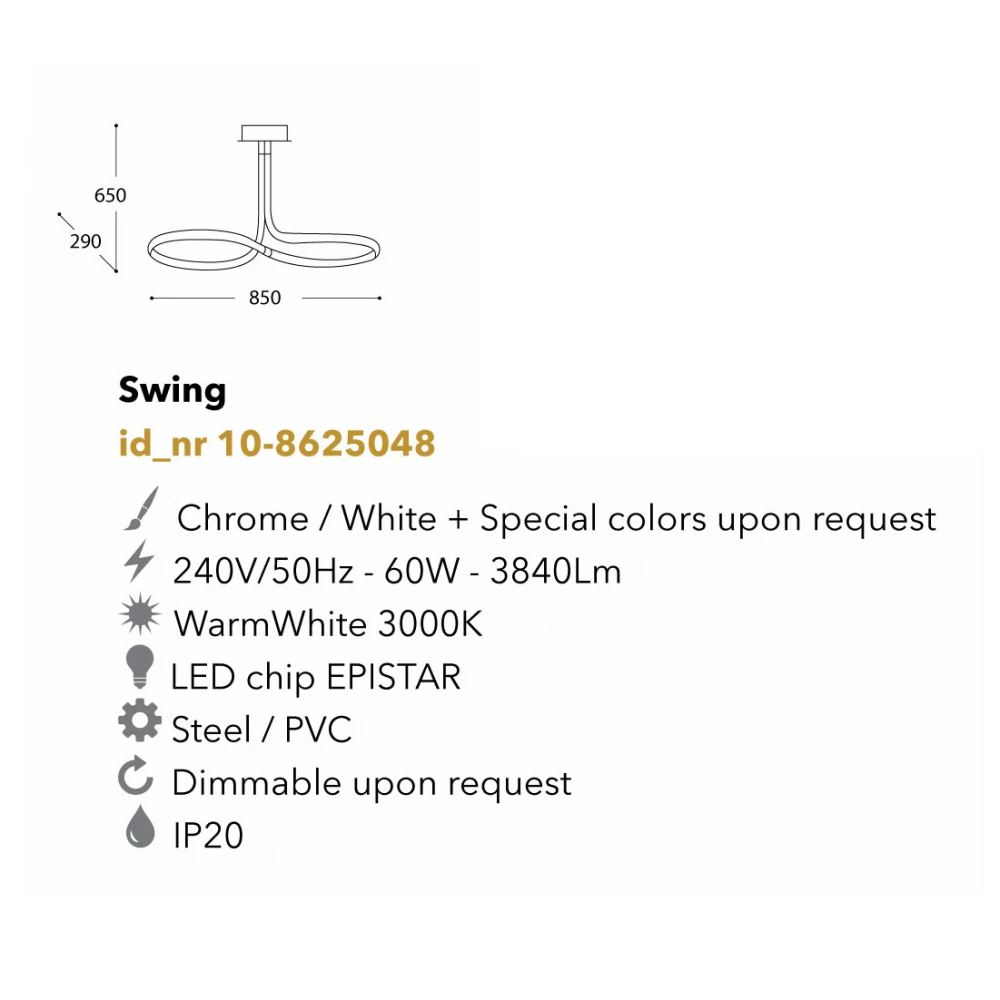 Led Φωτιστικό Οροφής Μεταλλικό σε Χρώμιο 60W SWING LUCIDO