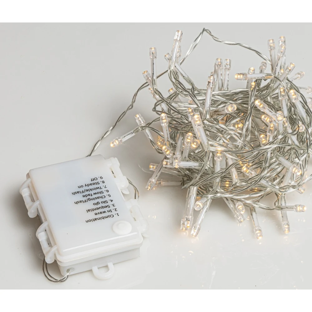 200Led Λαμπάκια Μπαταρίας Με Πρόγραμμα Και Χρονοδιακόπτη Διάφανο Καλώδιο / Θερμό Λαμπάκι , 15 Μέτρα (Kelvin: 2.500 - 2.800)