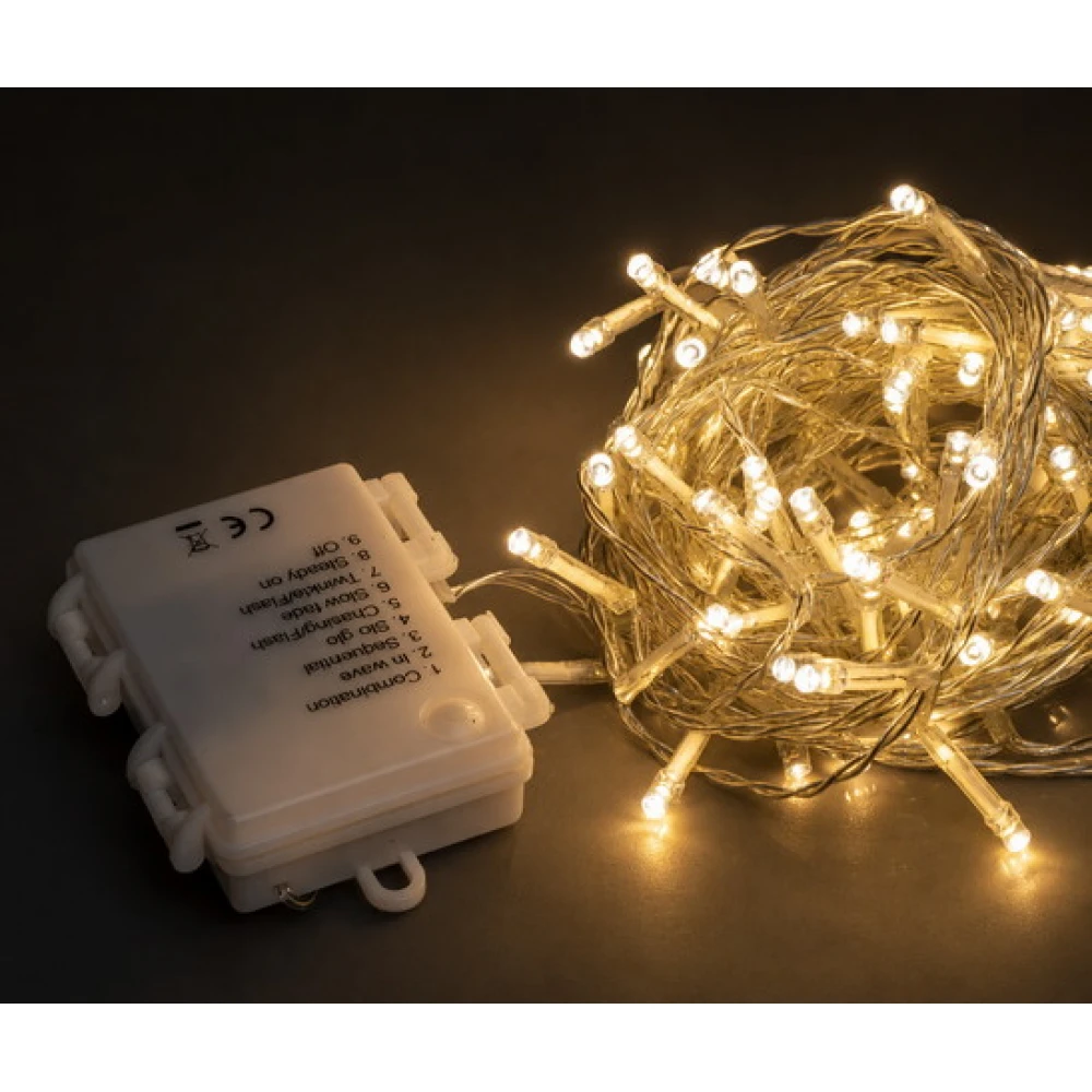 100Led Λαμπάκια Μπαταρίας Με Πρόγραμμα Και Χρονοδιακόπτη Διάφανο Καλώδιο / Θερμό Λαμπάκι , (7,5cm Απόσταση) 7,5 Μέτρα (Kelvin: 2.500 - 3.000)