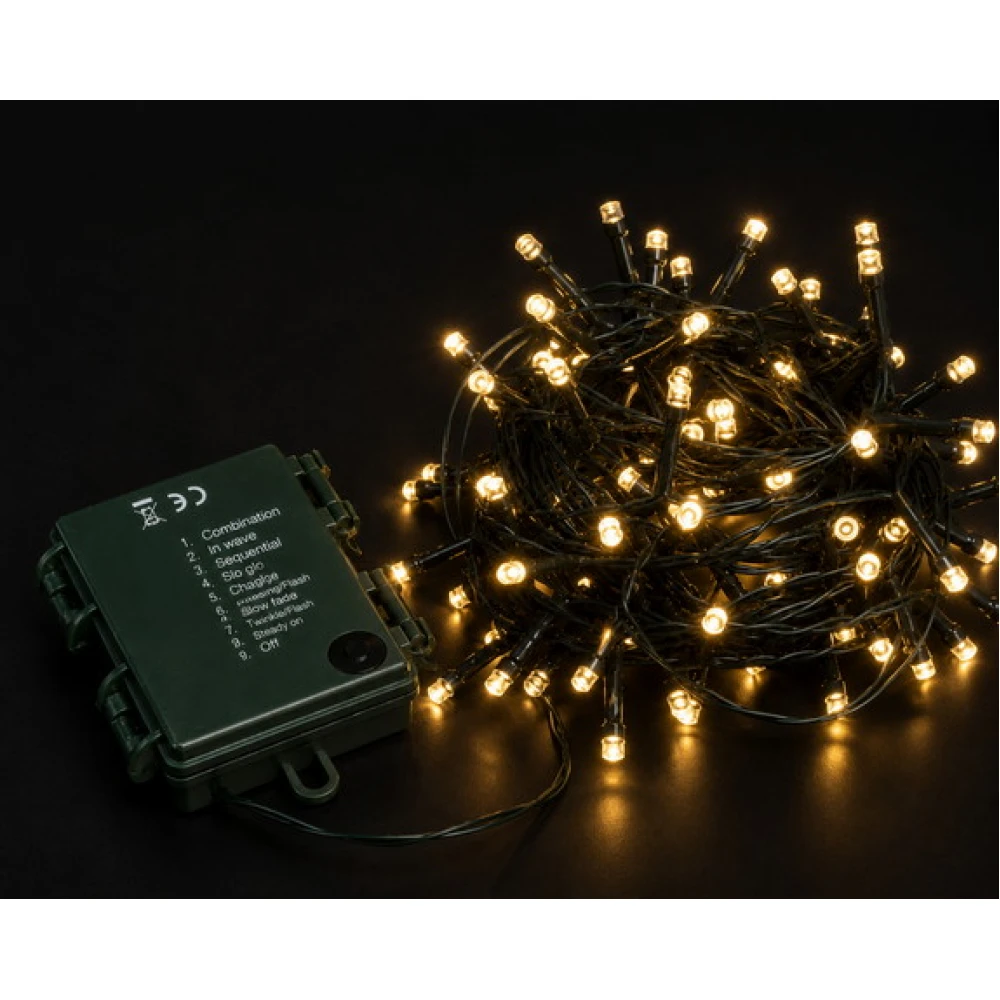 100Led Λαμπάκια Μπαταρίας Με Πρόγραμμα Και Χρονοδιακόπτη Πράσινο Καλώδιο / Θερμό Λαμπάκι , 7,5 Μέτρα (Kelvin: 2.500 - 2.800)