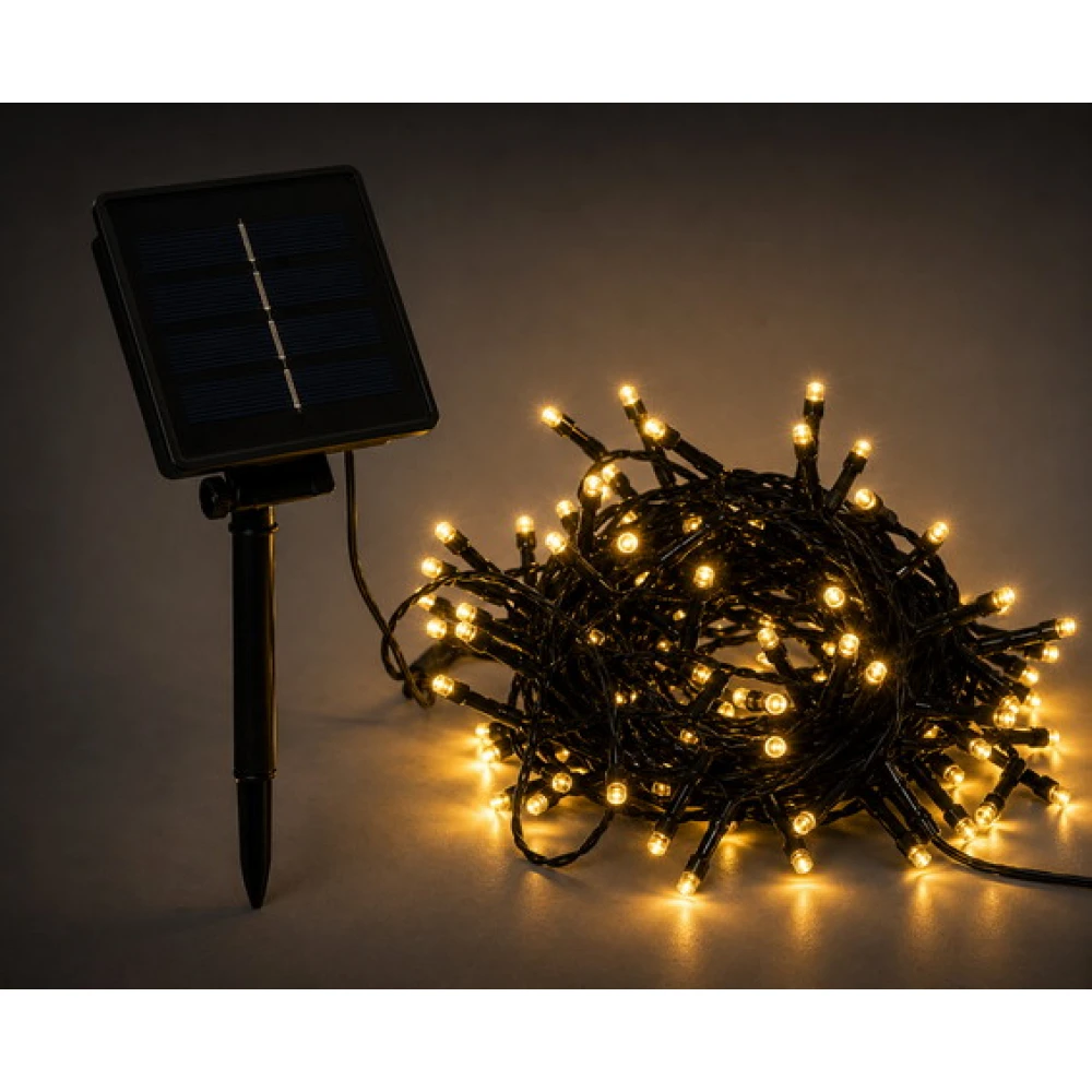 100Led Φωτάκια Με Ηλιακό Πάνελ , 8 Προγράμματα Και Μετασχηματιστή Ip44, Πράσινο Καλώδιο/Θερμό Λαμπάκι 10 Μέτρα (Kelvin: 2.500 - 2.800)