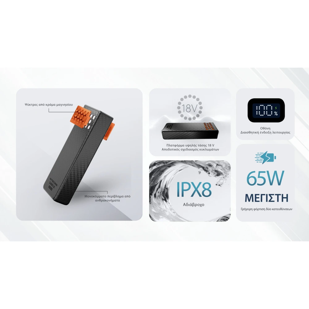POWER BANK NITECORE CARBO 20, Carbon Fiber, Fast Charge, 65W MAX, ORANGE
