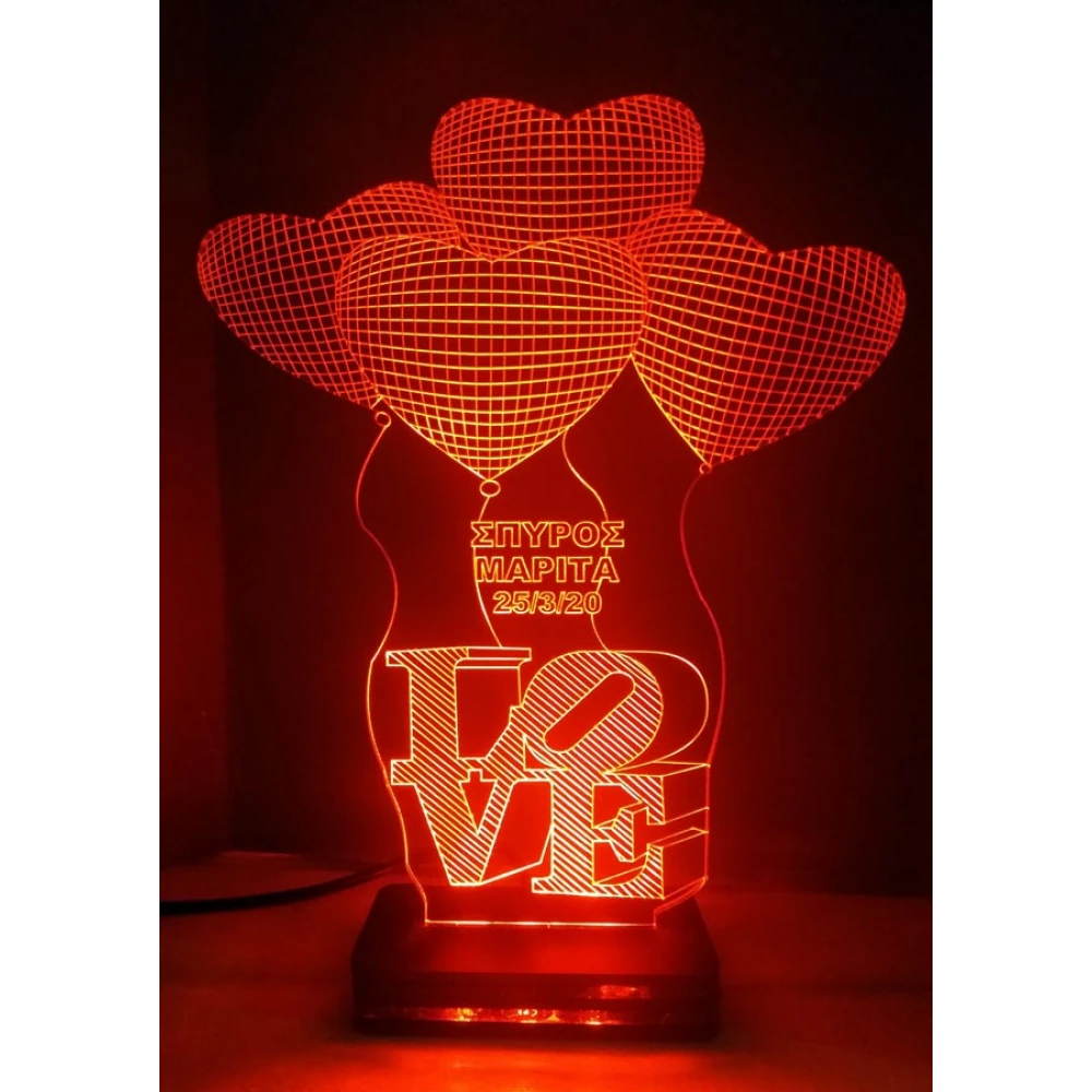 LED Φωτιστικό Χαραγμένο Plexiglass Με Σχέδιο Καρδιές Με Διακόπτη ON/OFF AlphaLed