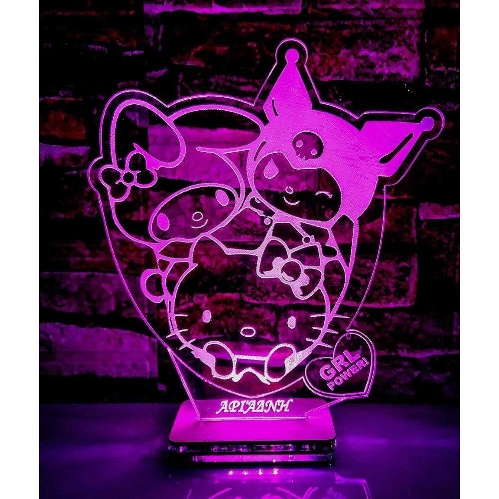 LED Φωτιστικό Χαραγμένο Plexiglass Με Σχέδιο Hello Kitty Girl Power Με Διακόπτη ON/OFF Plexi