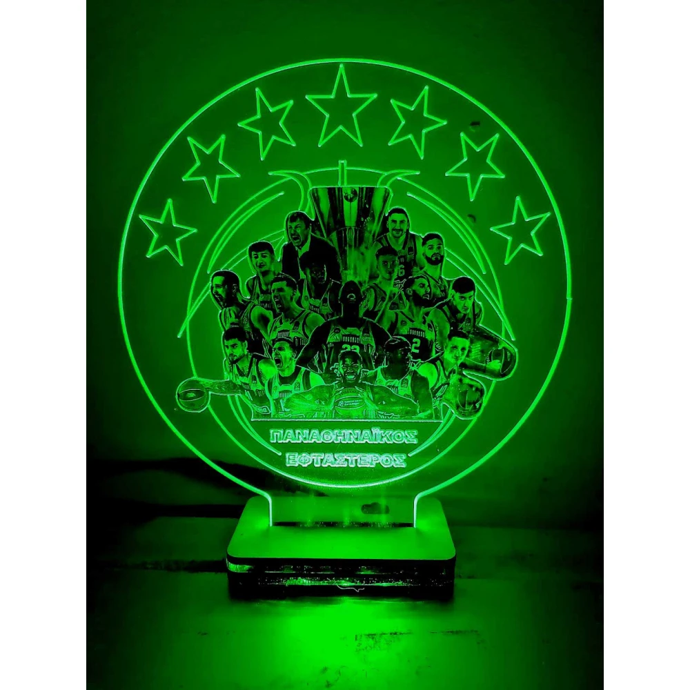 LED Φωτιστικό Plexiglass Με Σχέδιο - Παναθηναϊκός Επτάστερος - Μπάσκετ Πρωταθλητές Ευρώπης