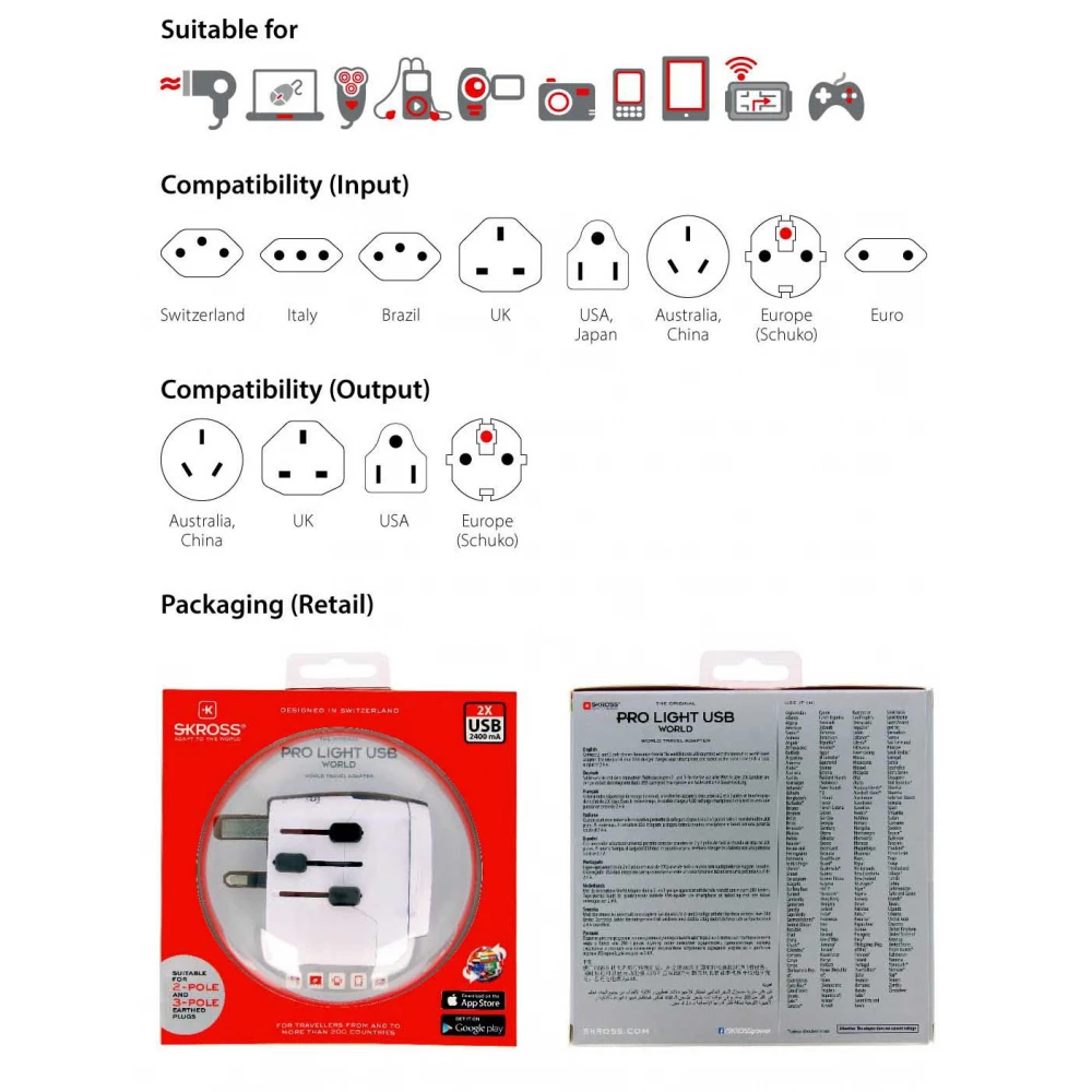 ADAPTOR UNIVERSAL Σε UNIVERSAL Πτυσσόμενο Αποσπώμενο 2 Τεμαχίων Mε USB - PRO Light USB – World SKROSS