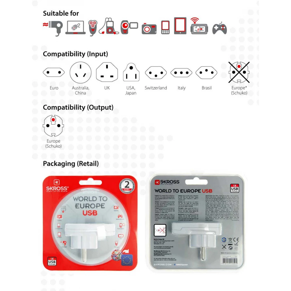 ADAPTOR Σούκο Σε UNIVERSAL Mε USB - World to Europe - SKROSS