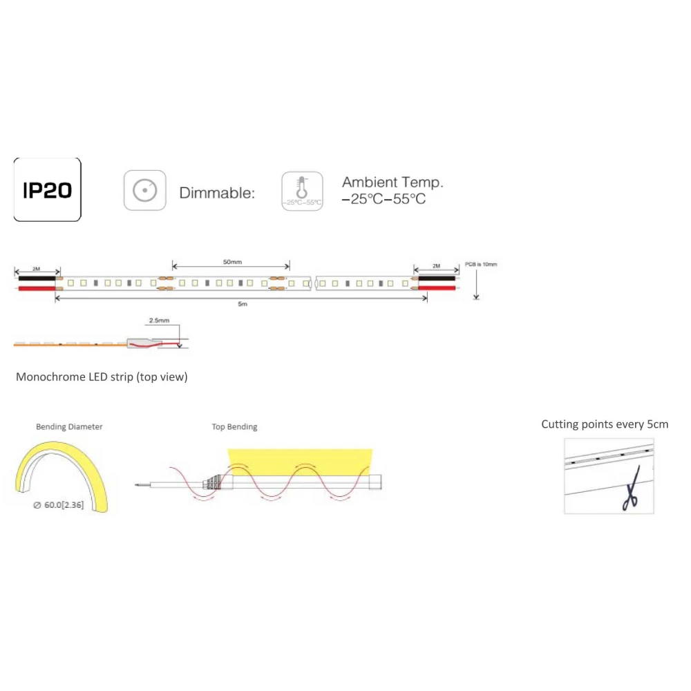 5 Μέτρα - SHORT PITCH LED Ταινία 13W 24V 2200lm 120° IP20 Θερμό λευκό 3000K DIMMABLE UNIVERSE