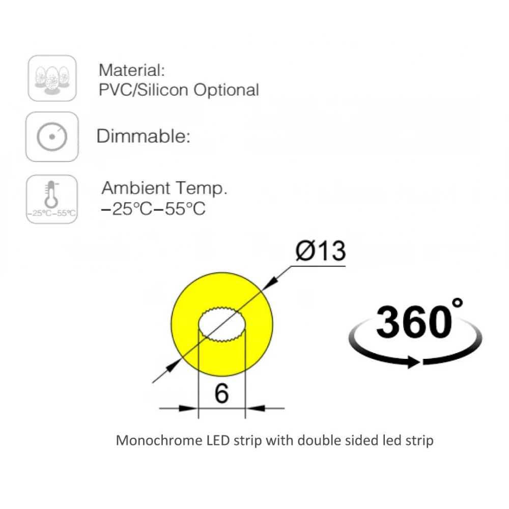5 Μέτρα - ROUND NEON FLEX LED TAINIA ΔΥΟ ΟΨΕΩΝ ΘΕΡΜΟ ΛΕΥΚΟ 3000Κ Φ13mm 18W 24V 1800lm 360° IP65 DIMMABLE UNIVERSE