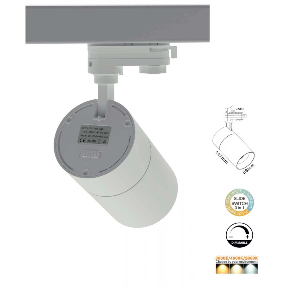 Σποτ ράγας 30W LED COB με τριφασικό αντάπτορα CCT tunable - Λευκό - UNIVERSE