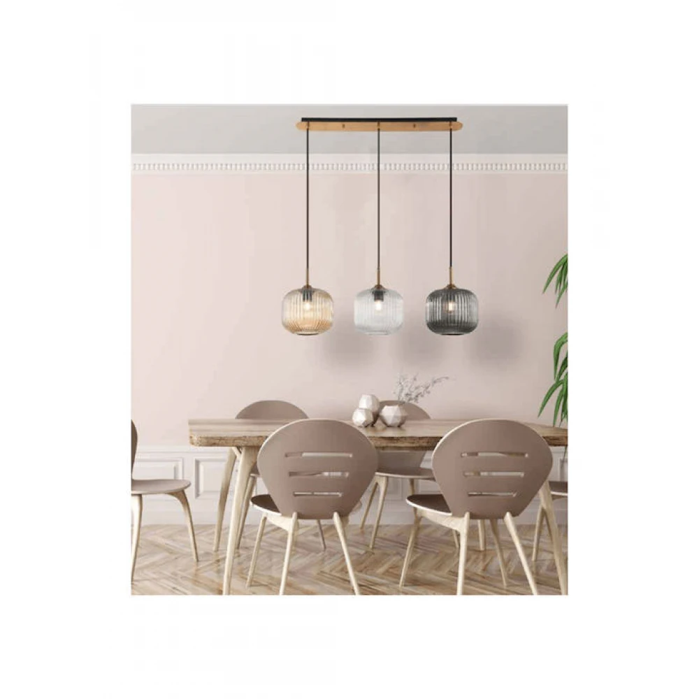 Κρεμαστό Τρίφωτο Φωτιστικό Από Γυαλί Σε Τρεις Αποχρώσεις σε διάταξη ράγας 3x E27 - Zambelis Lights