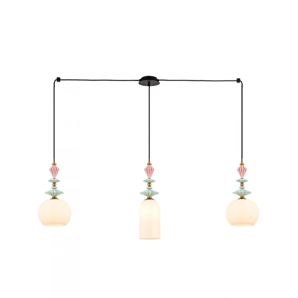 Κρεμαστό Τρίφωτο Φωτιστικό Με Κεραμικά Στοιχεία και Γυαλί Οπαλίνα σε διάταξη ράγας 3x E27 - Zambelis Lights