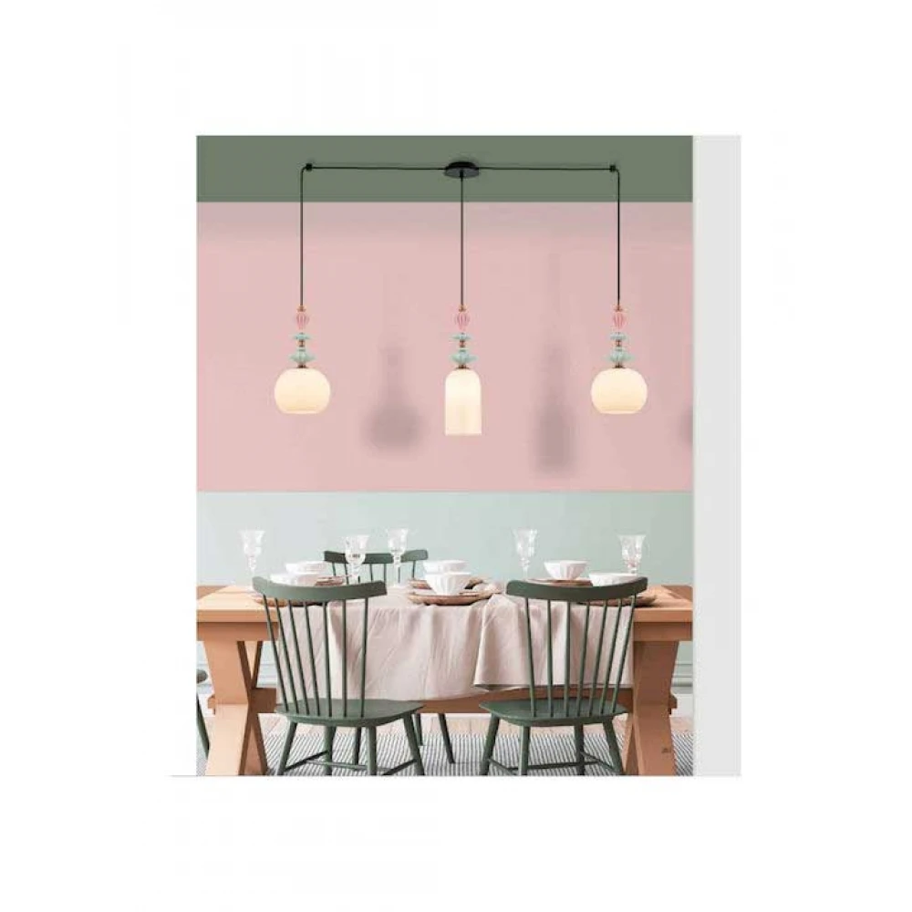 Κρεμαστό Τρίφωτο Φωτιστικό Με Κεραμικά Στοιχεία και Γυαλί Οπαλίνα σε διάταξη ράγας 3x E27 - Zambelis Lights