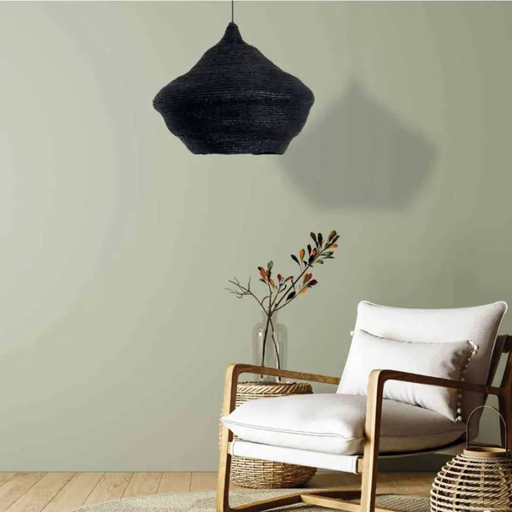 Κρεμαστό Φωτιστικό Μονόφωτο από Μέταλλο και Πλεκτό Σιτάρι Μαύρο D70cm 1xE27 - ZAMBELIS LIGHTS