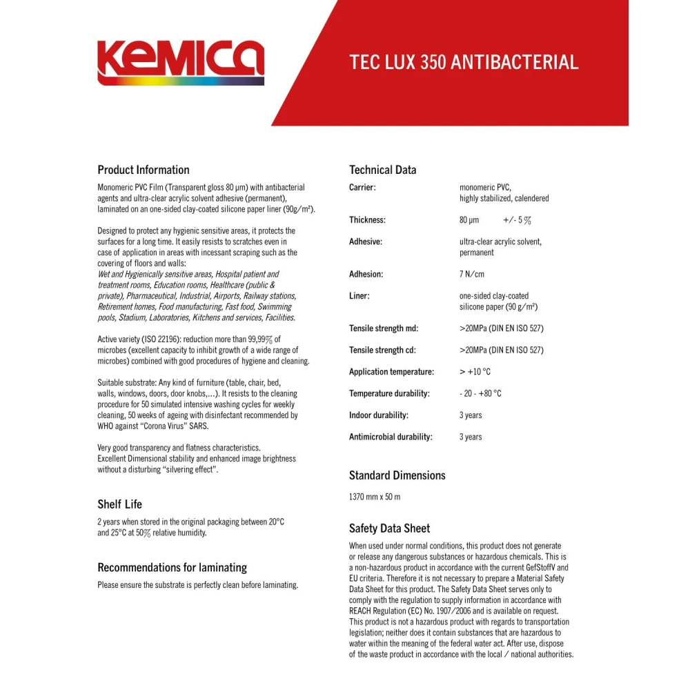 TEC LUX 350 GL ANTIBACTERIAL Ρολό για Αντιμικροβιακή Προστασία Επιφανειών 1,37 x 1m - KEMICA