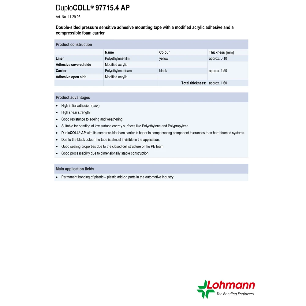 DUPLOCOLL 97711.4 AP Black - ΜΑΥΡΗ Ταινία Βιομηχανικού Τύπου Διπλής Όψης Αφρώδης με Κίτρινο Liner 19mm x 5m - Lohmann