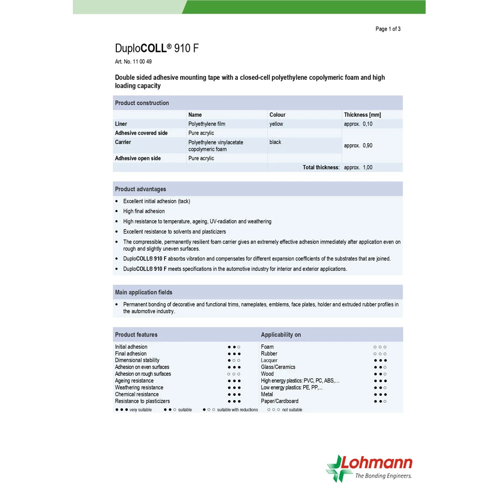 DUPLOCOLL 930F ΜΑΥΡΗ Αφρώδης Ταινία Διπλής Όψης με Κίτρινο Liner 8mm x 50m - Lohmann