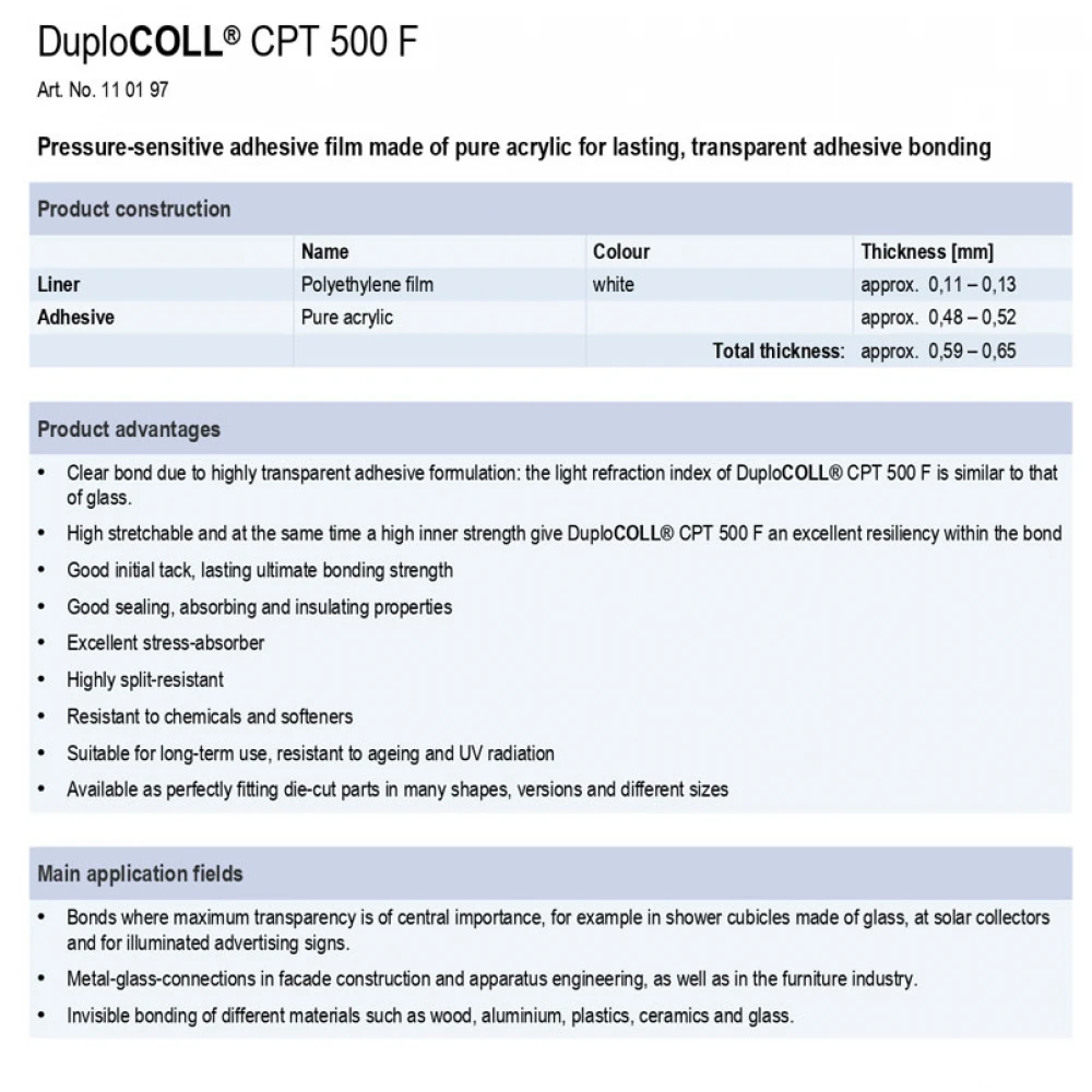 DUPLOCOLL CPT 500F ΔΙΑΦΑΝΗ Ακρυλική Μάζα Κόλλας με Λευκό Liner 9mm x 6m - Lohmann