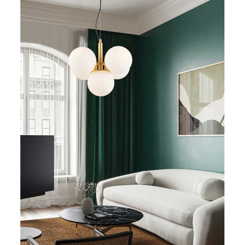 Πολύφωτο Κρεμαστό Φωτιστικό Χρυσό Με Οπάλ Γυαλί 5xE14 Nefeli - Viokef