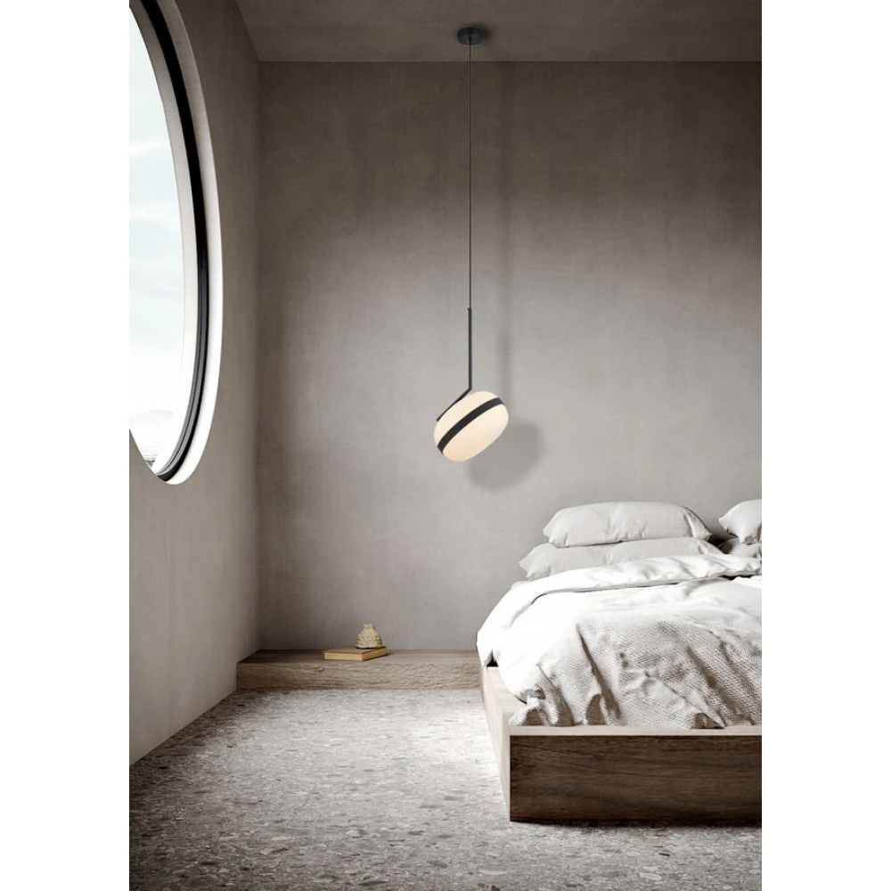 Κρεμαστό Φωτιστικό Μονόφωτο Μαύρο Μεταλλικό Με Οπάλ Γυαλί 1xE27 PALMA - Viokef