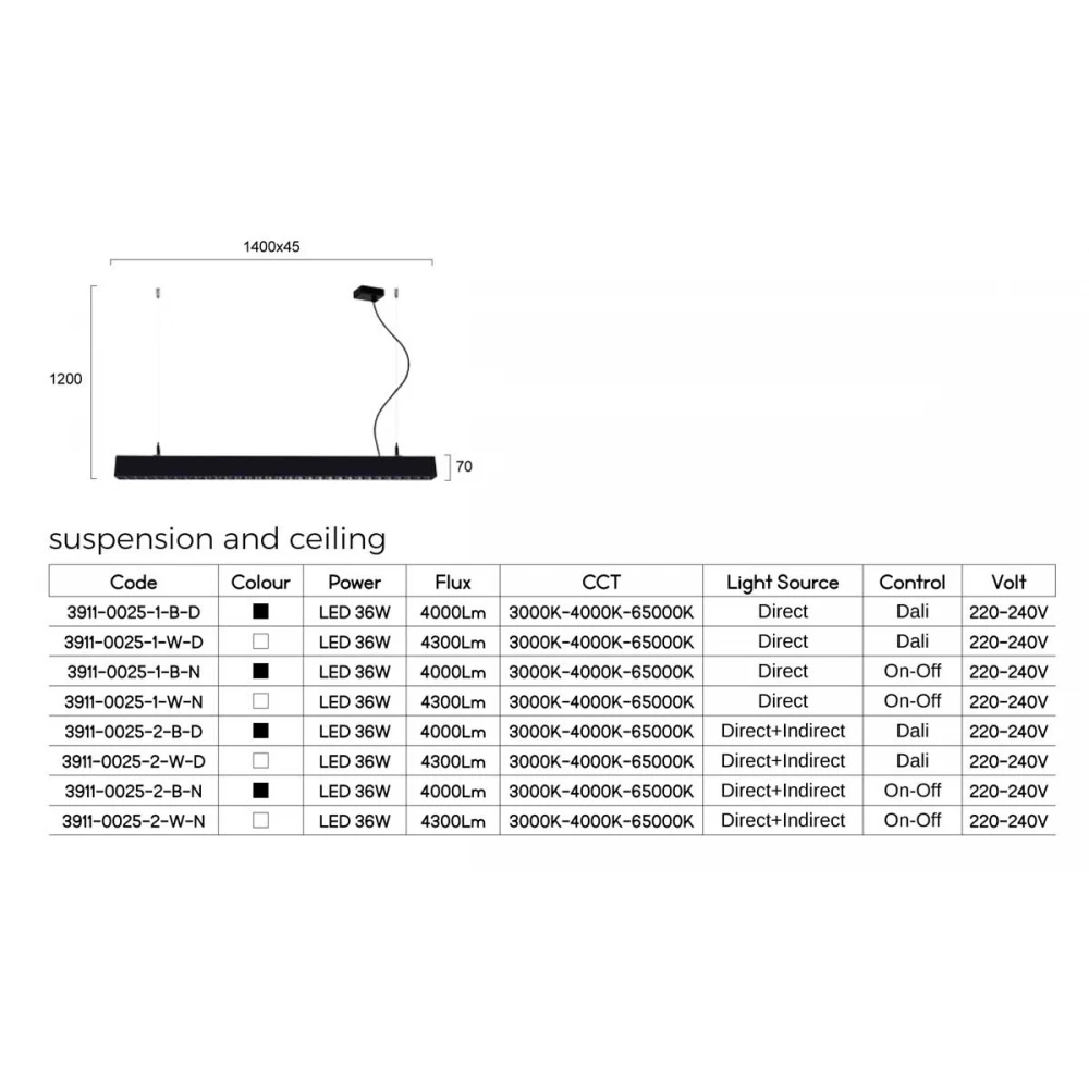 LED Κρεμαστό Γραμμικό Φωτιστικό Σε Μαύρο Χρώμα 36W 1410mm Με Διακόπτη Επιλογής Απόχρωσης Λευκού - TOPLINE VIOKEF