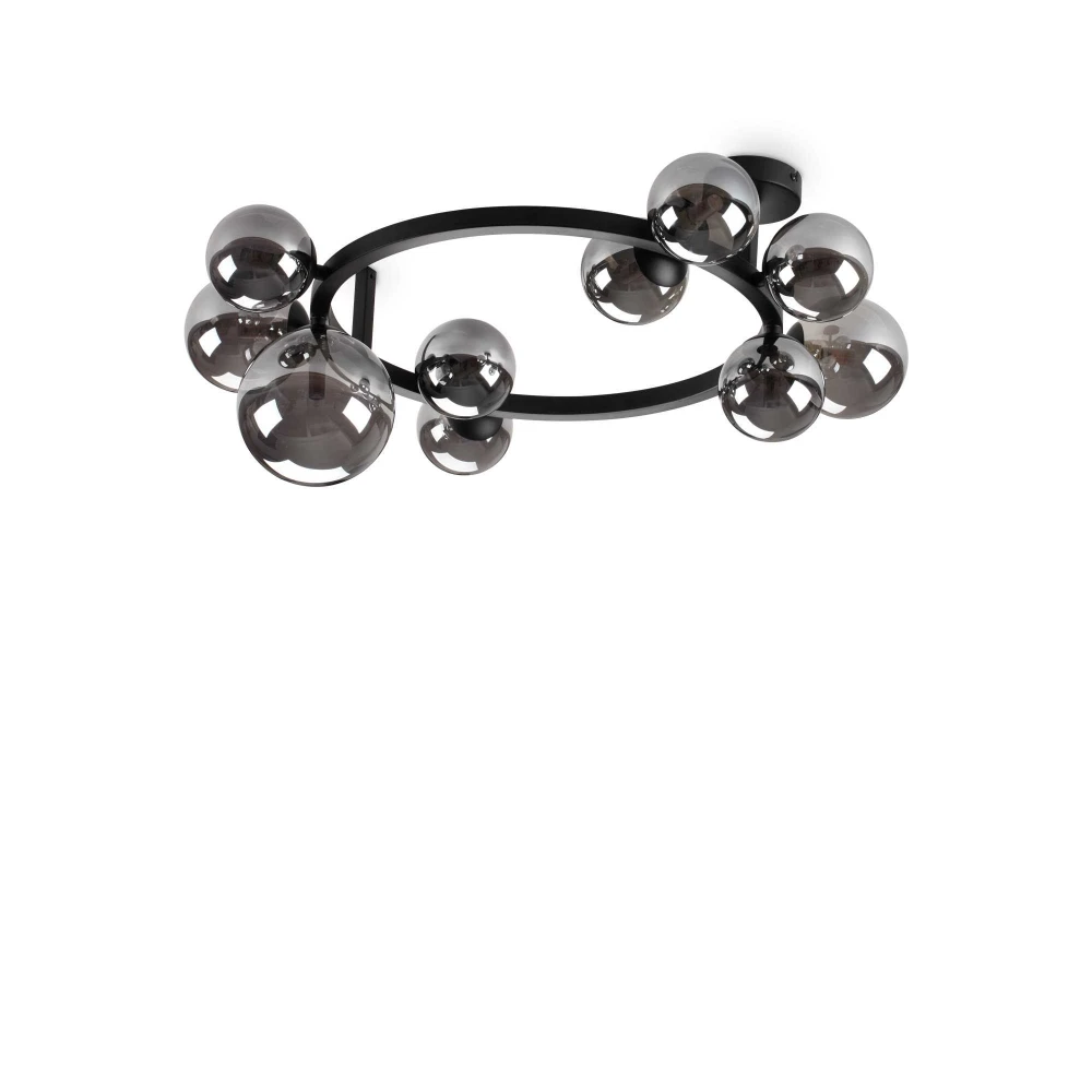 Mεταλλική Μαύρη Πλαφονιέρα Με Μαύρο Γυαλί 10xG9 Perlage pl10 - IDEAL LUX - Αυθεντικό φωτιστικό οροφής με κομψό σχέδιο από τη σειρά Perlage, κατασκευασμένο από μαύρο χρώμα στρογγυλή μεταλλική βάση με μεταλλικό σκελετό σε σχήμα δακτυλίου και δέκα σφαιρικούς
