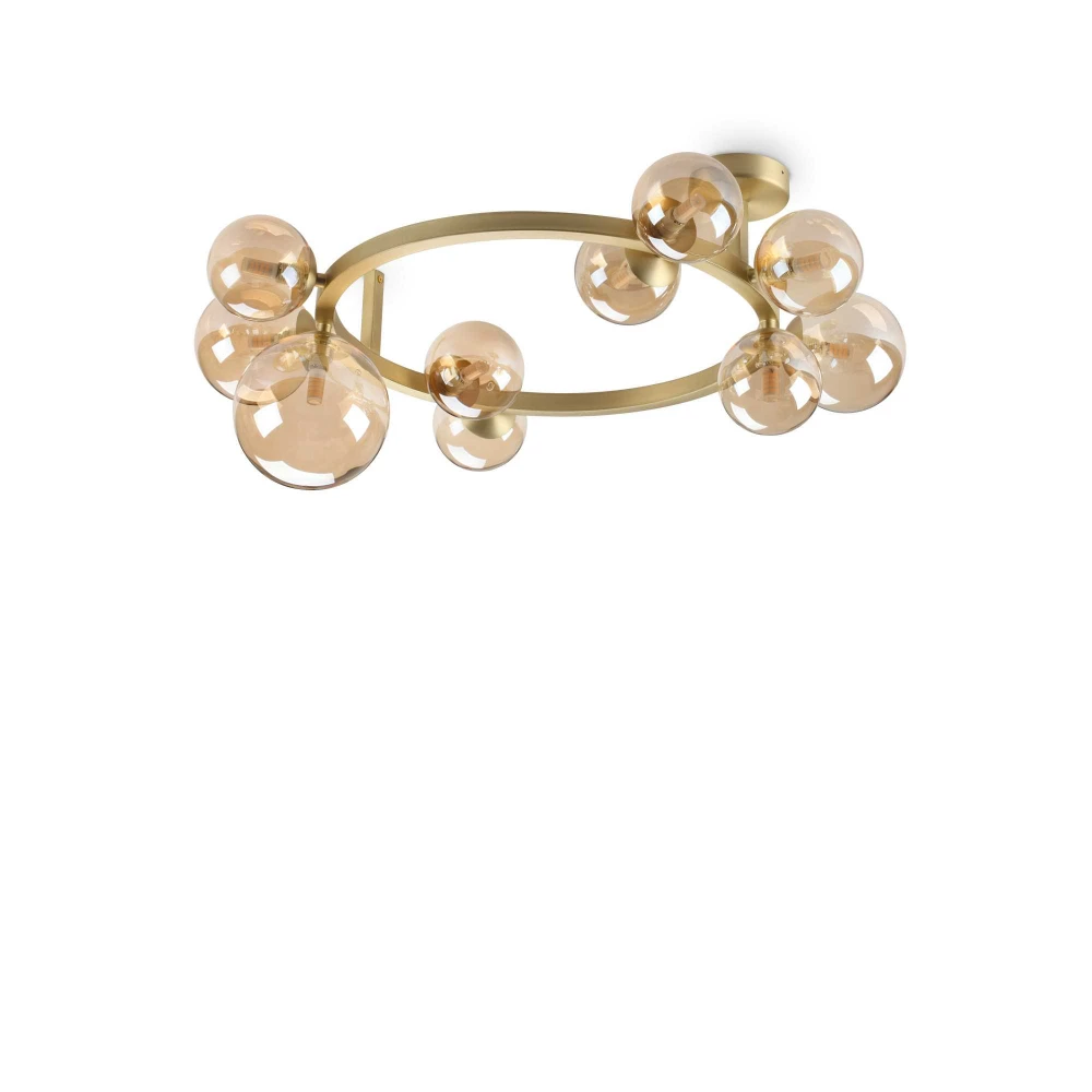 Mεταλλική Χρυσή Πλαφονιέρα Με Μελί Γυαλί 10xG9 Perlage pl10 - IDEAL LUX - Αυθεντικό φωτιστικό οροφής με κομψό σχέδιο από τη σειρά Perlage, κατασκευασμένο από ορειχάλκινο χρώμα στρογγυλή μεταλλική βάση με μεταλλικό σκελετό σε σχήμα δακτυλίου και δέκα σφαιρ