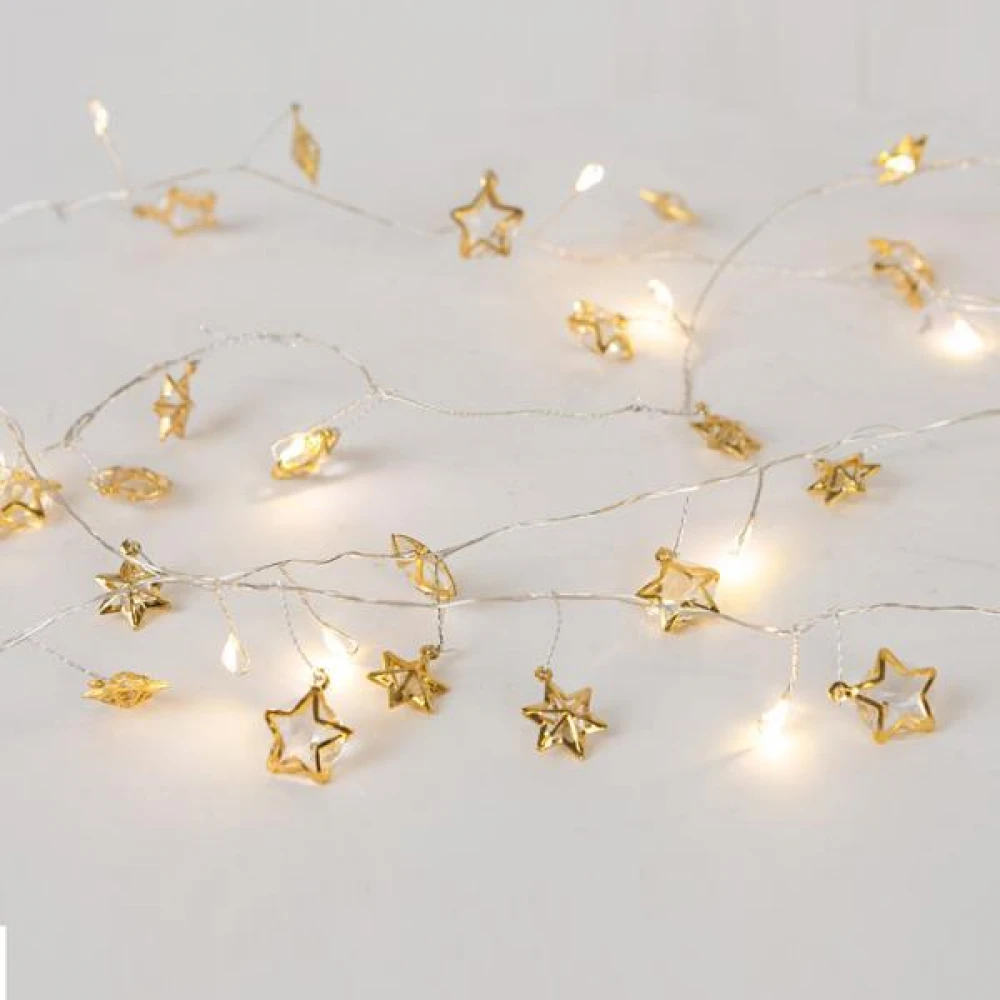 Σειρά Με 20 MINI LED Και Διακοσμητικα Αστέρια,Μπαταρίας Με Χάλκινο Καλώδιο-Θερμό Λευκό IP20