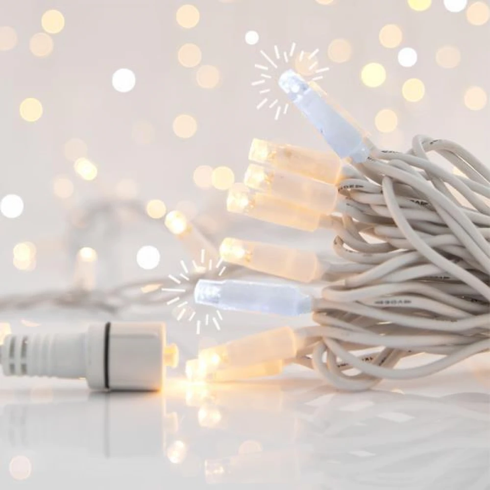 100 LED Σε Σειρά Και 3 Επέκτάσεις Ως 9 Σετ, Λευκό Καουτσουκ Καλωδιο,90 Θερμα Λευκα Led Και 10 Λευκα Flash Led IP65